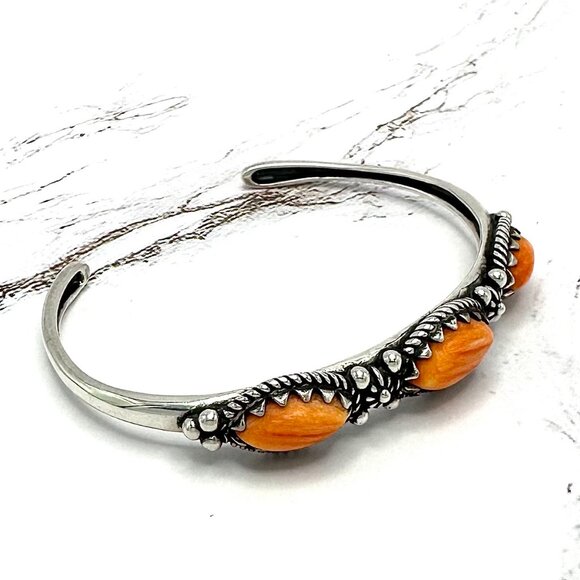 American West Orange Spiny Shell Sterling Silver 3-Stone Cuff Bracelet 6-1/4" - Picture 2 of 5